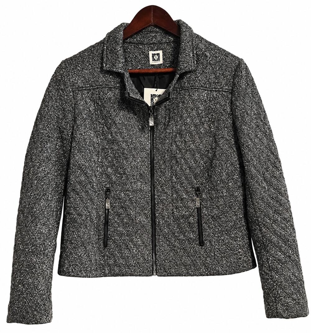 Anne Klein Womens Metallic Silver Black Quilted L Zip Jacket NWT Sparkle